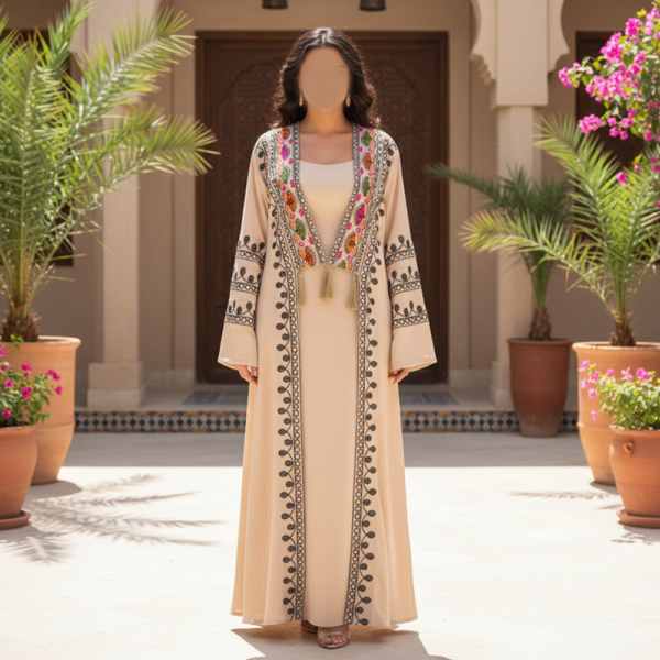 جلابية كتان بحريني +تطريز كمبيوتر