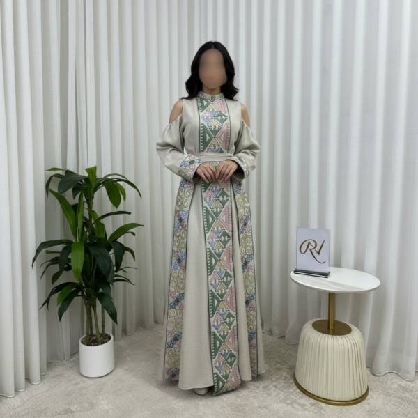 جلابية القماش كتان مع تطريز كبيوتر مع حزام